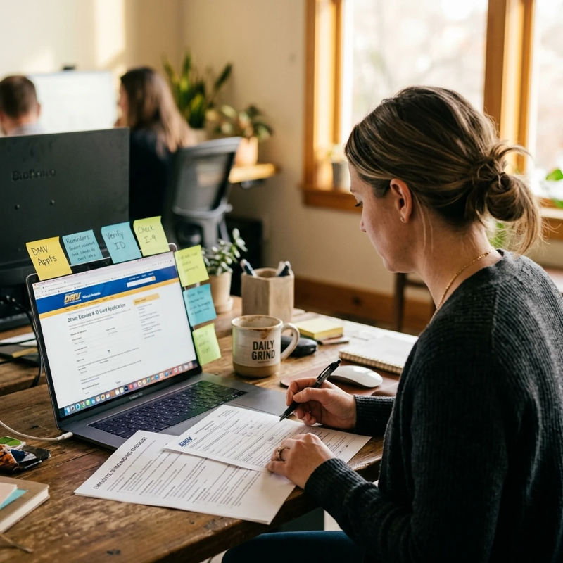 Candid over-the-shoulder view of an HR professional reviewing paperwork at a desk with a laptop open to a state DMV website, sticky notes on the monitor edge, a half-empty coffee mug nearby, natural office lighting from a window