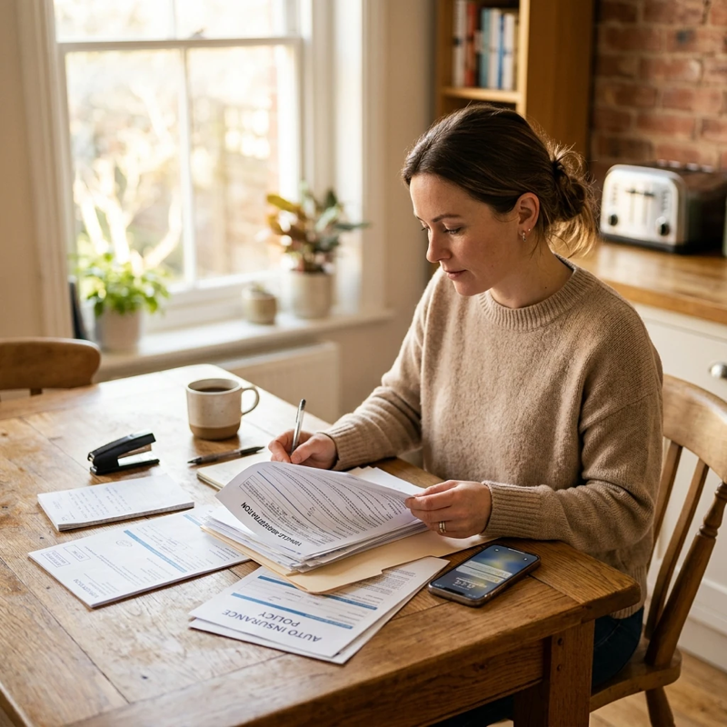 Candid view from slightly above of a person sitting at a kitchen table organizing documents, vehicle registration and insurance papers visible, phone beside them, morning light streaming through a nearby window