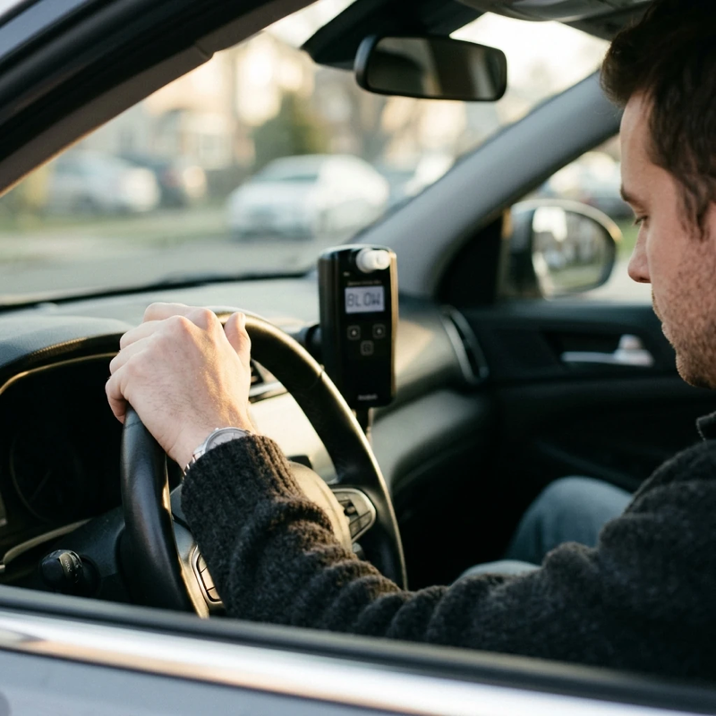 Close-up candid view of a person’s hand gripping a car steering wheel in early morning light, an ignition interlock device mounted on the dashboard visible in the background, natural frustration implied through body language, soft window light illuminating the interior