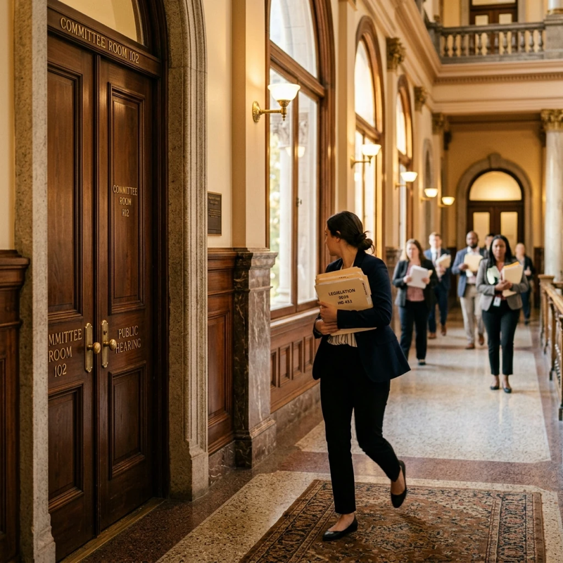 Close-up of a state capitol building hallway with committee room doors, natural light streaming through tall windows, slightly blurred legislative staff walking past carrying folders, conveying the feeling of policy decisions being made