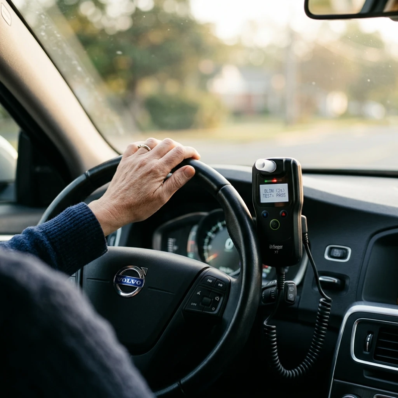 Close-up of a person’s hand on a vehicle steering wheel near an installed interlock device, dashboard softly lit, morning light coming through windshield, focus on the device mounted near the steering column with a slight blur on the background