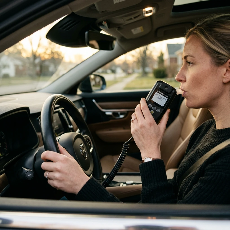 Close-up of an ignition interlock device mounted on a car’s steering column, dashboard lights softly glowing, early morning light coming through the windshield, driver’s hands visible near the device preparing to provide a breath sample