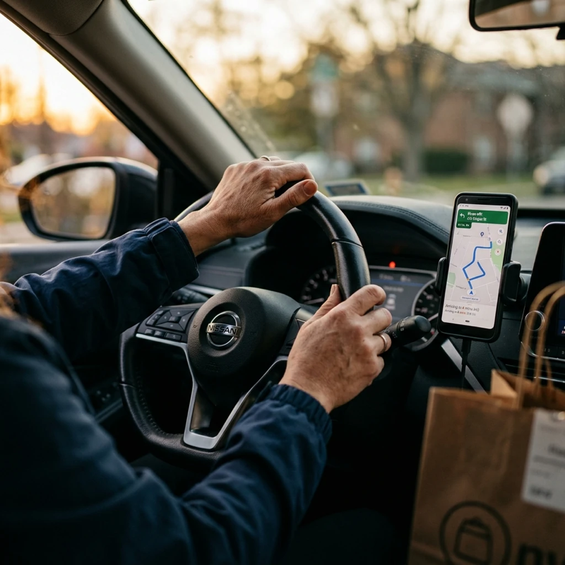 Close-up of hands gripping a steering wheel in a parked car, a phone showing delivery navigation directions mounted nearby, warm evening light, takeout delivery bag barely visible in the back seat