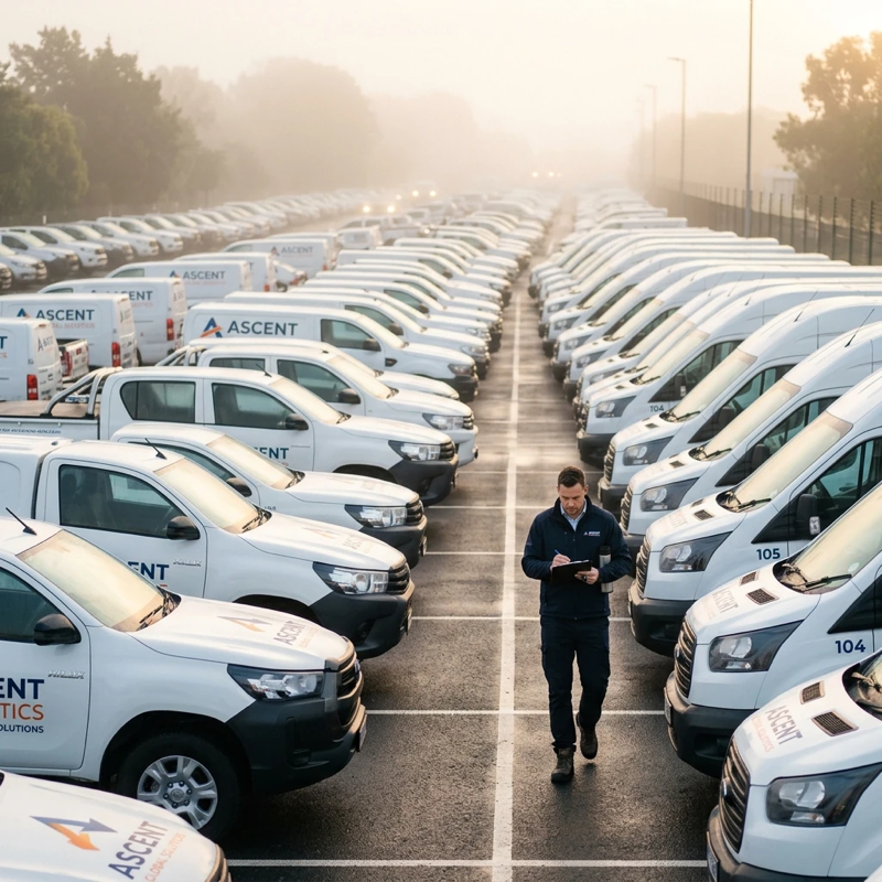 Fleet parking lot at early morning, row of company vehicles with branded livery, a manager walking between vehicles holding a clipboard, fog or mist in background creating depth, wide-angle perspective showing scale of fleet