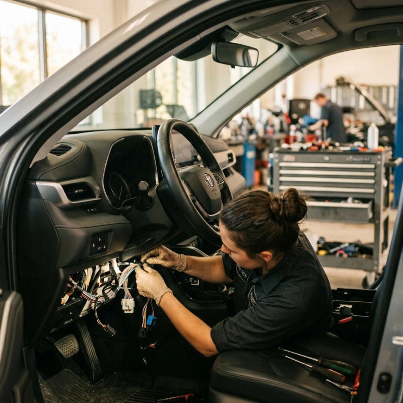 Over-the-shoulder view of a service technician working beneath a vehicle dashboard, hands visible holding wiring near the steering column, natural garage lighting with tool cart slightly blurred in the background