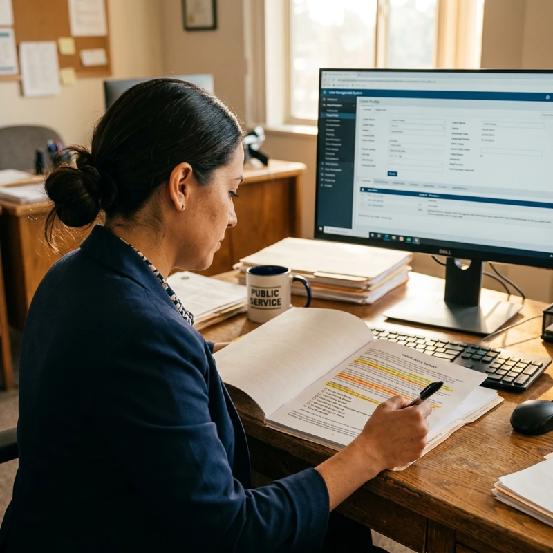 Over-the-shoulder view of a probation officer reviewing a multi-page compliance report at a cluttered desk, pen in hand, highlights visible on the document, natural office lighting with a computer monitor in the background showing a case management system