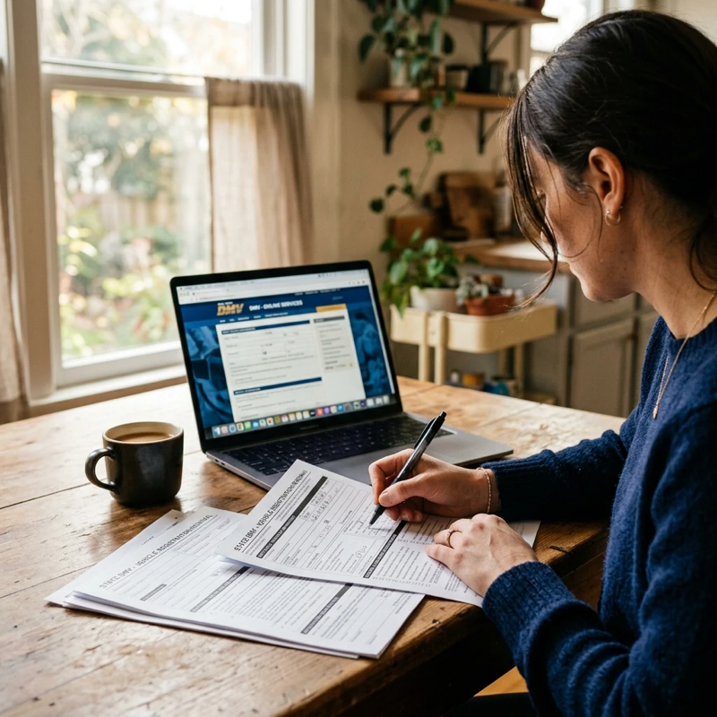 Over-the-shoulder view of a person reviewing official paperwork at a kitchen table, a laptop open to a state DMV website visible in the background, warm natural light from a nearby window, a mug of coffee and a pen resting on scattered documents
