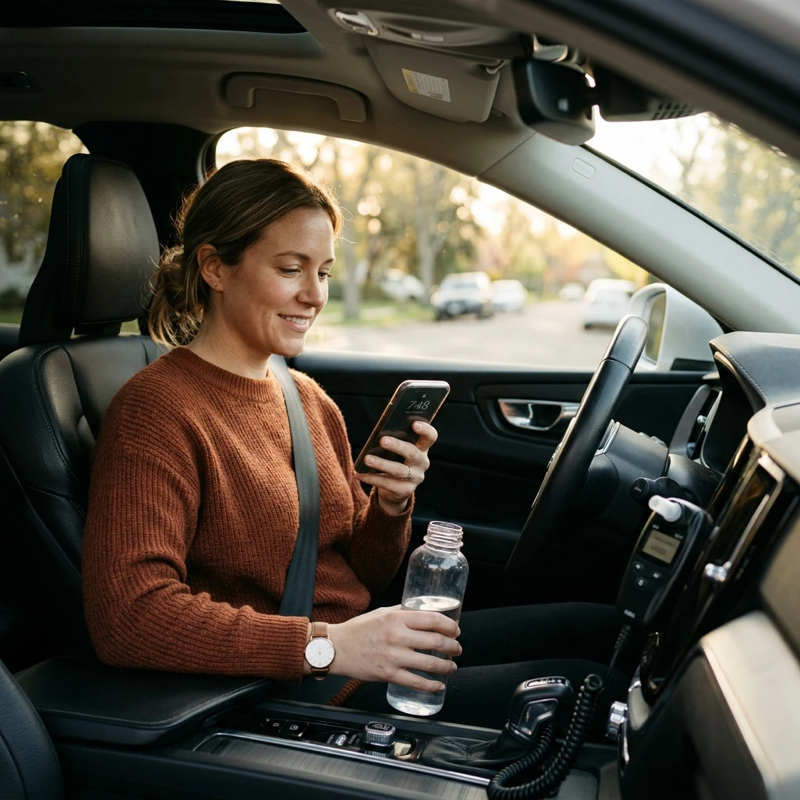 Person sitting calmly in the driver’s seat of a parked car, water bottle in one hand, phone in the other as if checking the time, morning sunlight streaming through the windshield, dashboard-mounted interlock device softly visible in the foreground