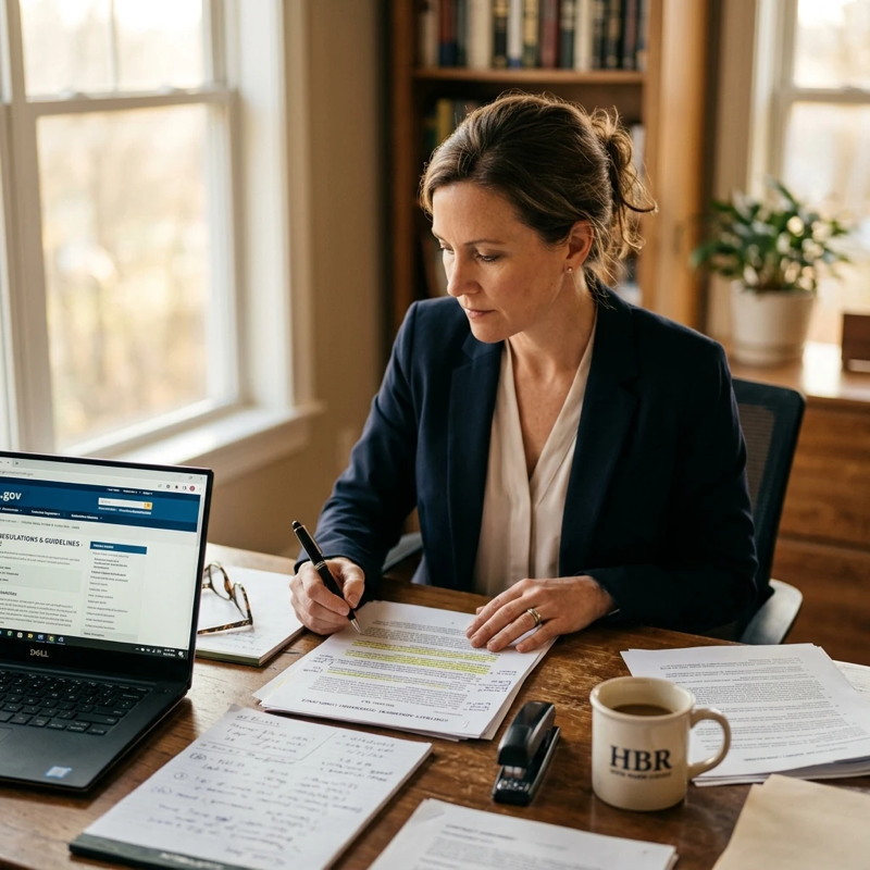 Person sitting at a desk reviewing legal documents with a pen in hand, partially visible laptop screen showing a government website, natural light from a nearby window, scattered notes and a coffee cup suggesting a long research session