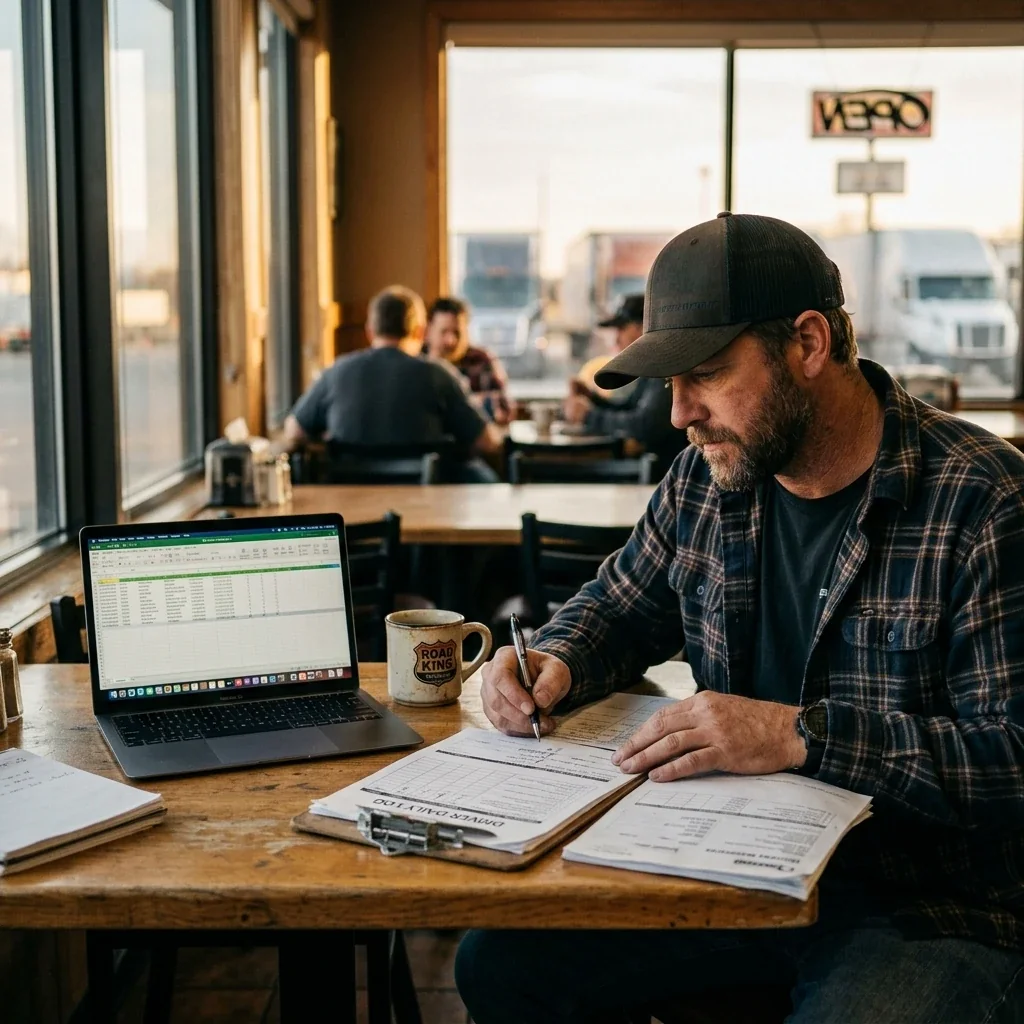 Over-the-shoulder view of a commercial truck driver reviewing paperwork at a truck stop table, documents and a laptop visible, late afternoon light filtering through windows, coffee cup nearby, expression focused and contemplative