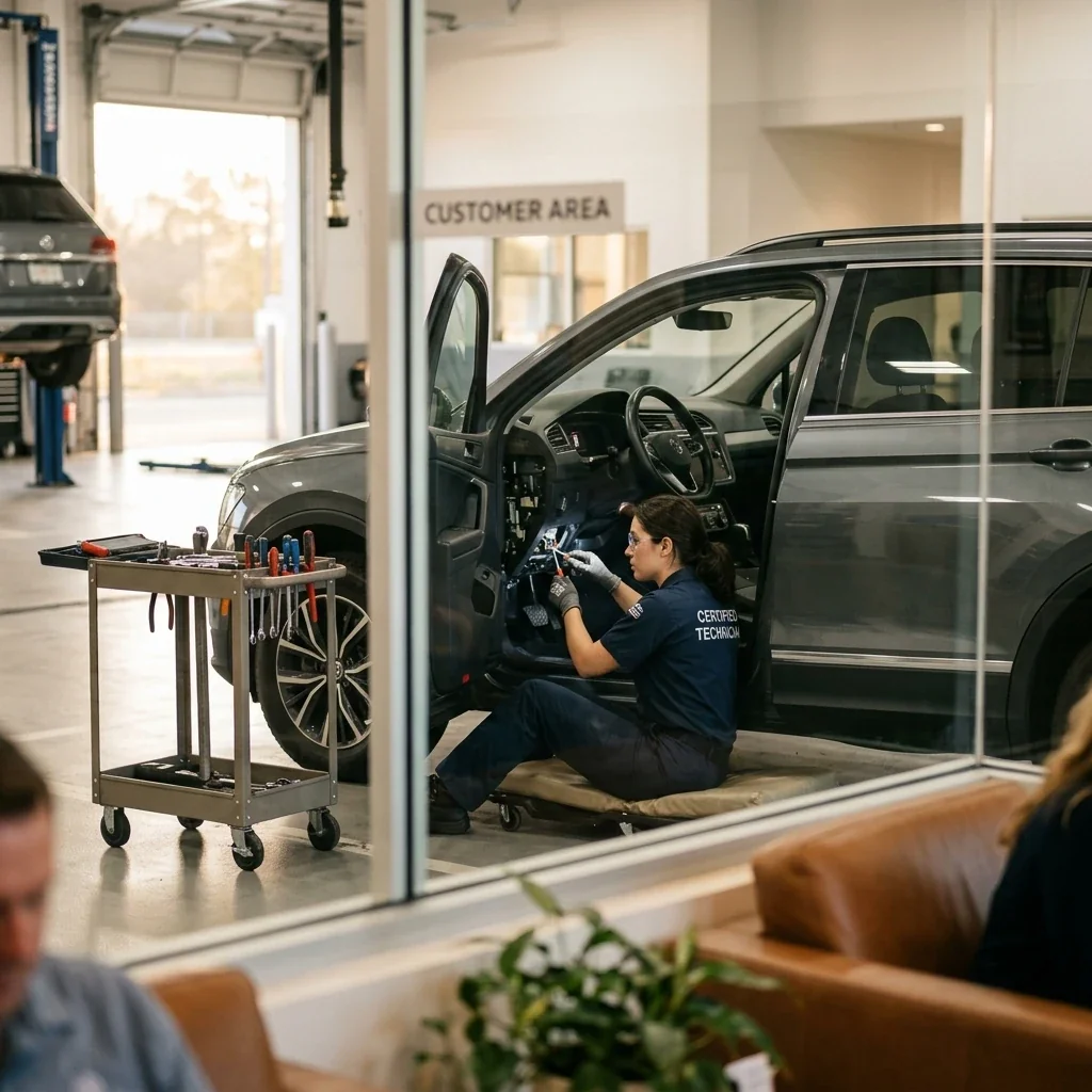 Candid view through a service center window of a technician working under a vehicle dashboard, tools organized on a nearby tray, morning light coming through the bay door, professional and clean environment