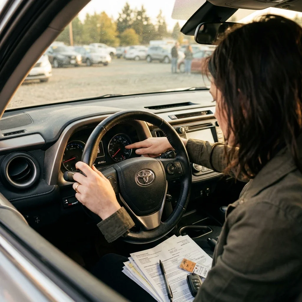 Over-the-shoulder view of a buyer inspecting a vehicle dashboard in a used car lot, natural daylight streaming through the windshield, with a small device visible near the steering column and paperwork resting on the center console