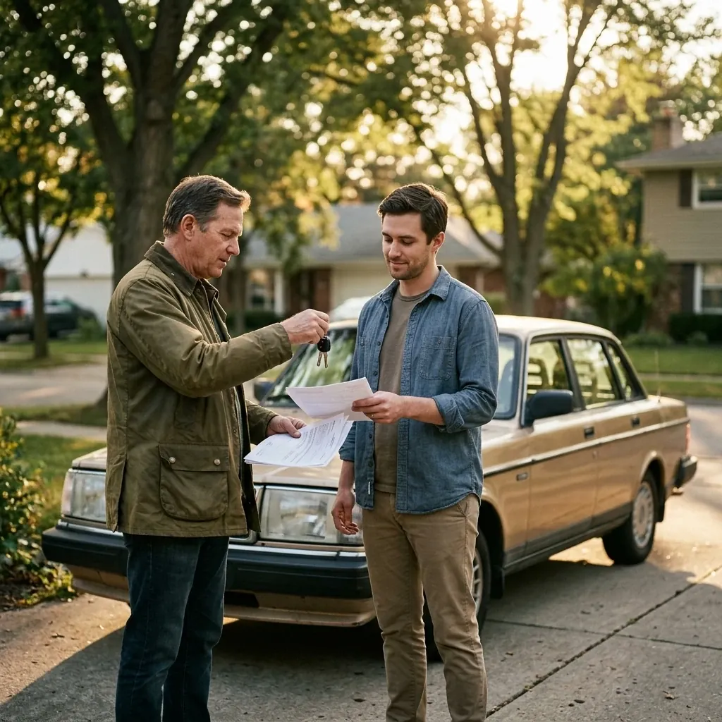 Two people standing beside an older sedan in a residential driveway, exchanging paperwork, one holding car keys, late afternoon light casting long shadows on the ground, casual clothing suggesting a private car sale