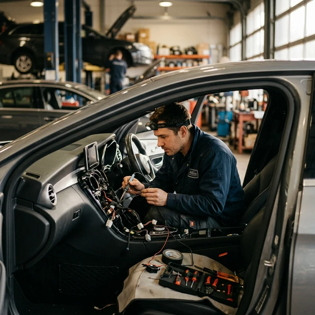 Professional installer fitting aftermarket accessories in a car