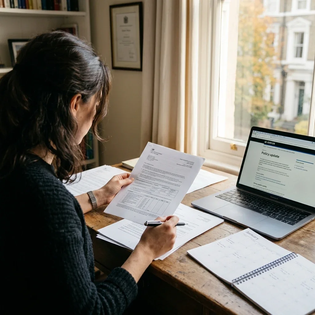 Over-the-shoulder view of someone sitting at a desk reviewing official paperwork and a calendar, pen in hand, with a laptop open nearby showing a government website, natural daylight from a window casting soft shadows across the documents