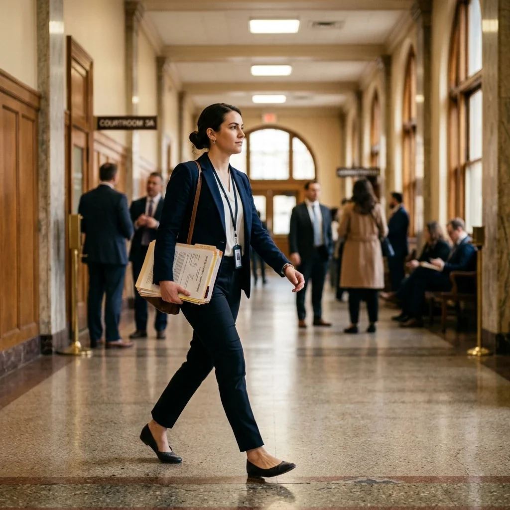 Candid shot from slightly elevated angle of a person walking down a courthouse hallway, mid-stride with a folder of documents under their arm, other people slightly blurred in the background, fluorescent lighting creating a formal institutional atmosphere