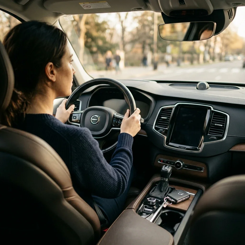 Over-the-shoulder view of a person sitting in a car's driver seat, hands resting on the steering wheel but not turning the ignition, keys visible in the center console, natural daylight coming through the windshield, suggesting hesitation before driving