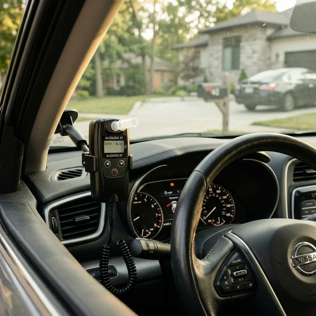 Close-up of a car's steering column area showing an ignition interlock device mounted near the dashboard, natural interior lighting, with the car parked in a residential driveway visible through the windshield