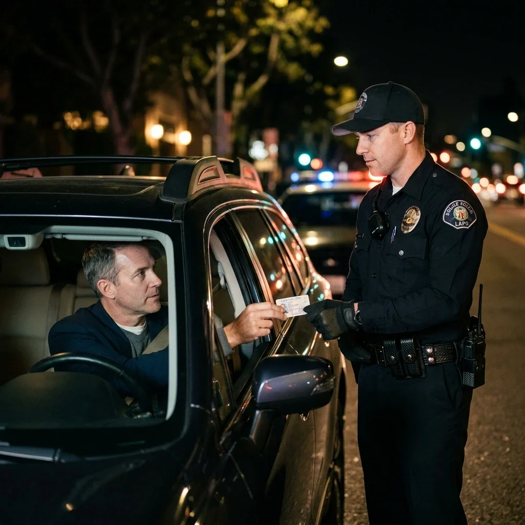 Driver with an ignition interlock handing over a license at a DUI checkpoint, where checkpoint legality varies by state.