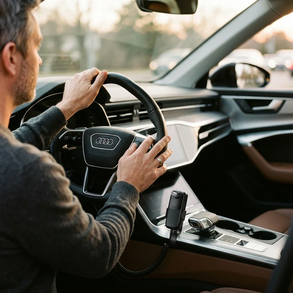 A compact ignition interlock device in a vehicle stopped at a sobriety checkpoint.