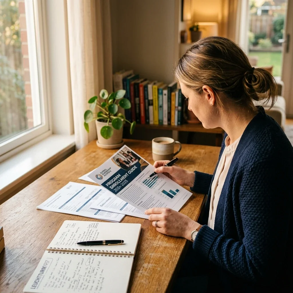 Over-the-shoulder view of a person sitting at a desk reviewing paperwork and brochures about program enrollment, natural daylight from a nearby window, a pen and notebook visible beside them