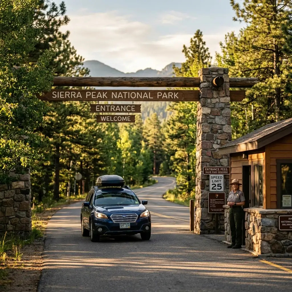 Entrance gate to a national park with a vehicle approaching, park ranger booth visible, early morning light casting long shadows across the road, trees framing both sides, a mix of official signage visible near the gate