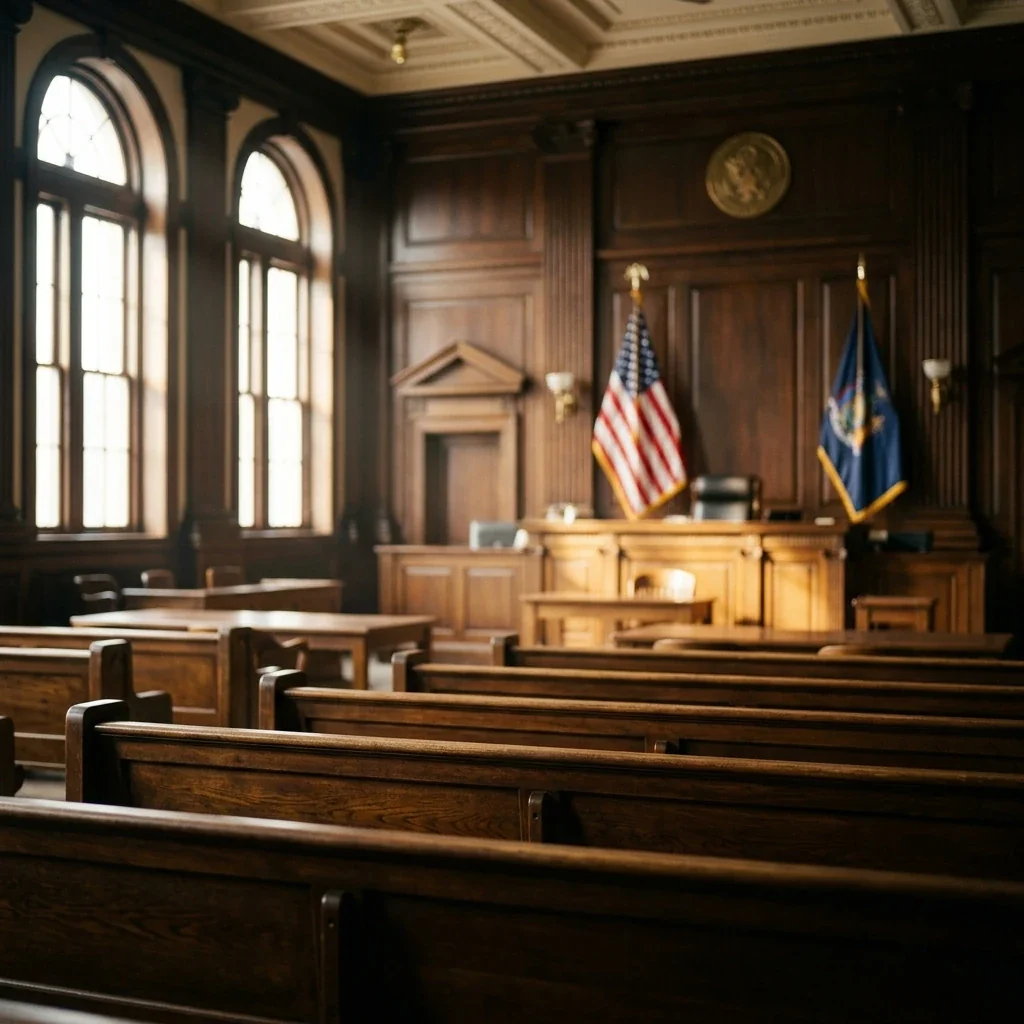 Interior of a courtroom from a low angle, empty wooden benches in foreground, judge's bench and American flag visible in soft background focus, morning light filtering through tall windows, creating a solemn atmosphere