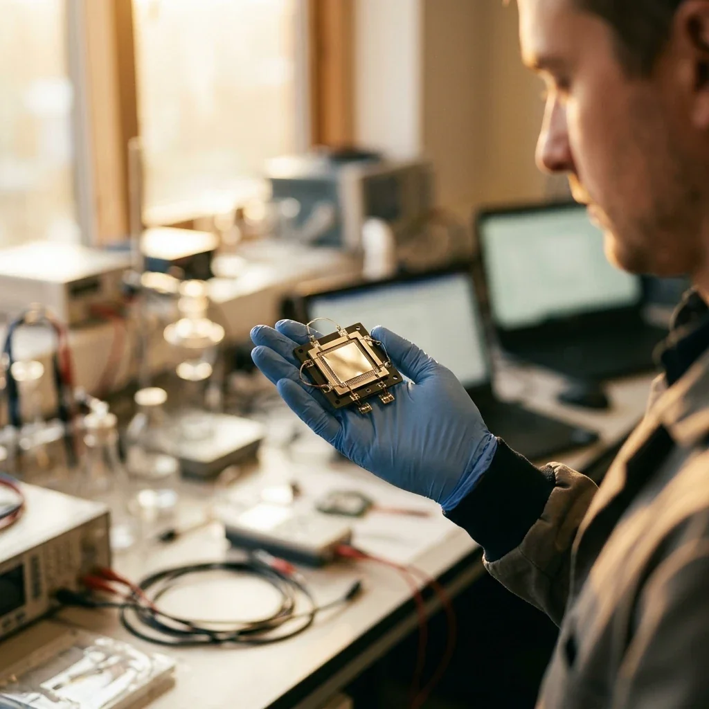 Close-up view of a small electrochemical fuel cell sensor component resting on a technician's gloved palm, platinum electrode surfaces visible, lab workbench with calibration equipment slightly blurred in background, cool fluorescent lighting