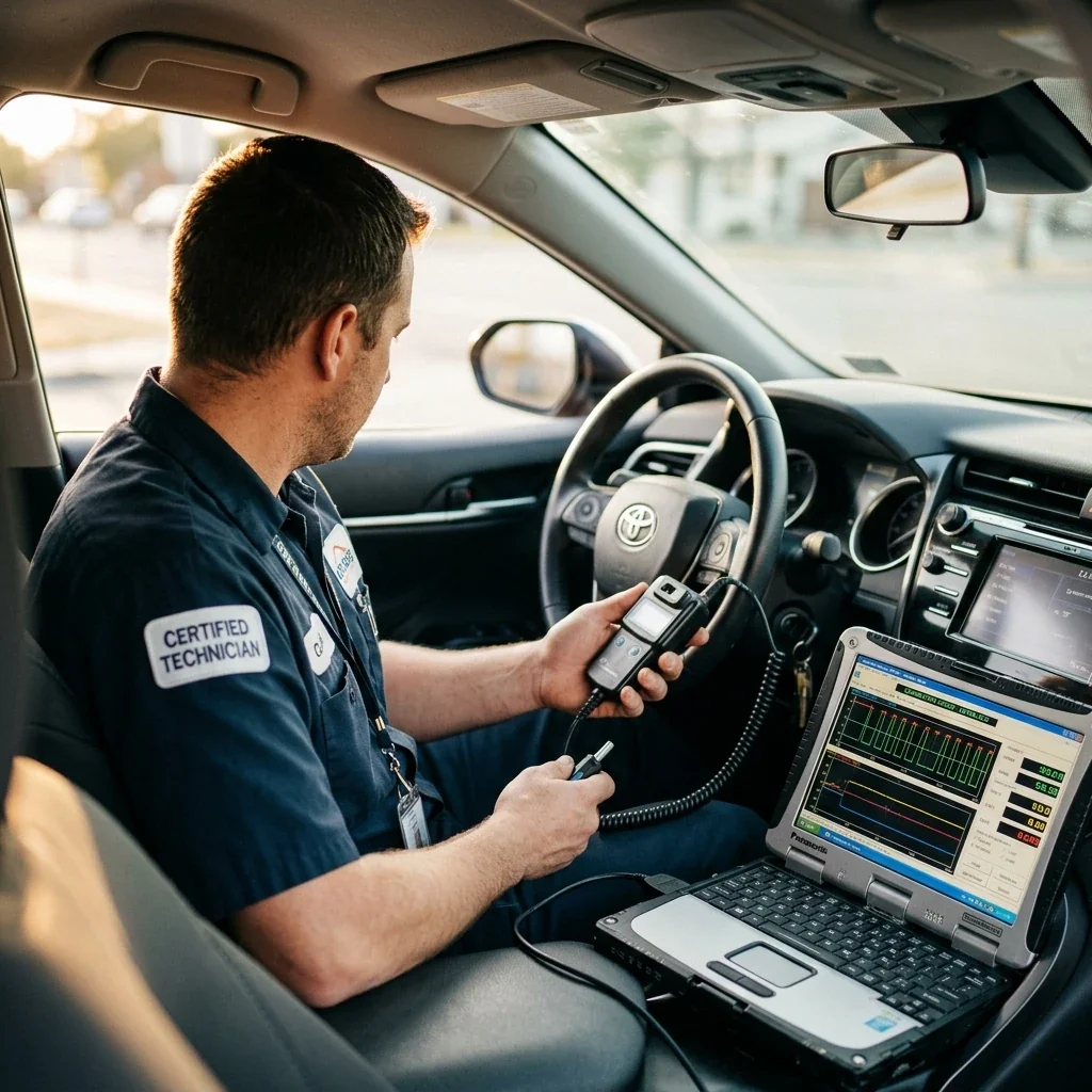 Candid over-the-shoulder view of a certified technician performing a calibration check on an ignition interlock device installed beneath a vehicle's dashboard, diagnostic laptop open on the passenger seat showing waveform data, natural daylight streaming through the driver's side window
