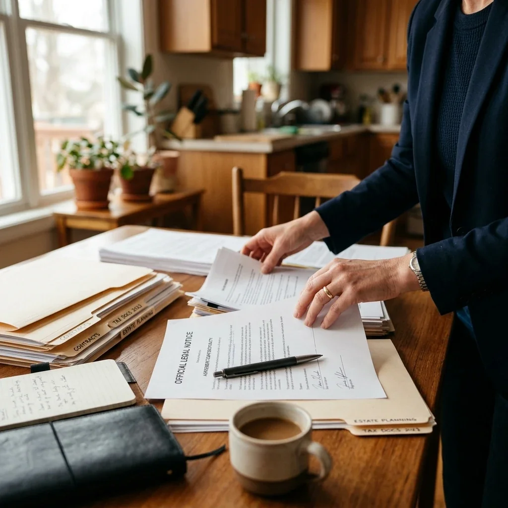 Close-up of a person's hands organizing paperwork and legal documents at a kitchen table, with a pen resting on an official-looking letter, warm natural light from a nearby window, slight depth of field blurring background details