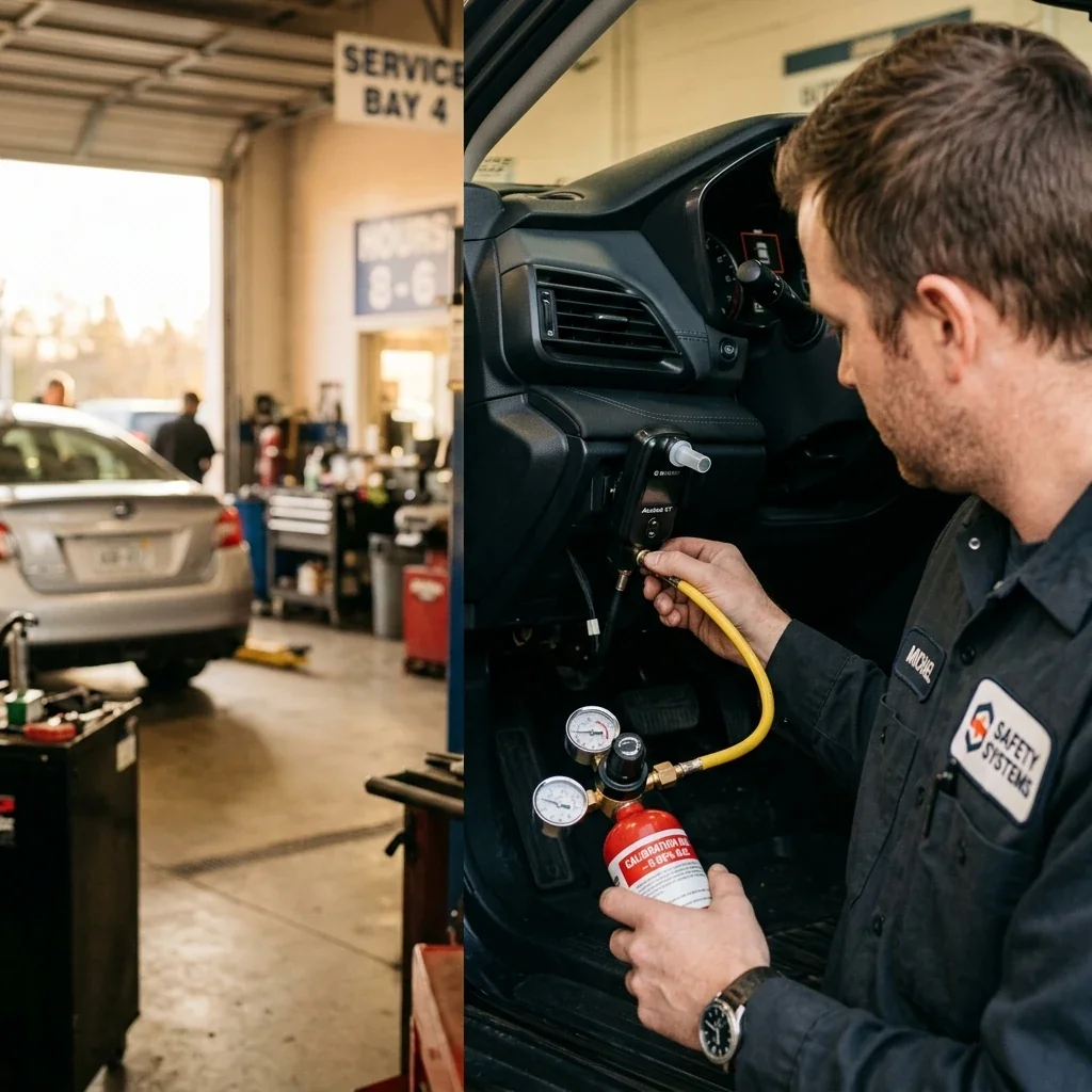 Close-up over-the-shoulder view of an interlock service technician connecting a calibration gas canister to a device mounted under a vehicle dashboard, reference gas gauges visible, workshop lighting with natural light from a bay door