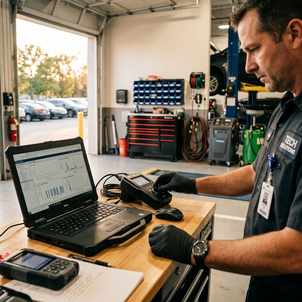 Interior of a clean automotive service bay, interlock device visible on a countertop next to a laptop displaying data graphs, technician's hands adjusting equipment, natural light from an open garage door, organized tools in the background