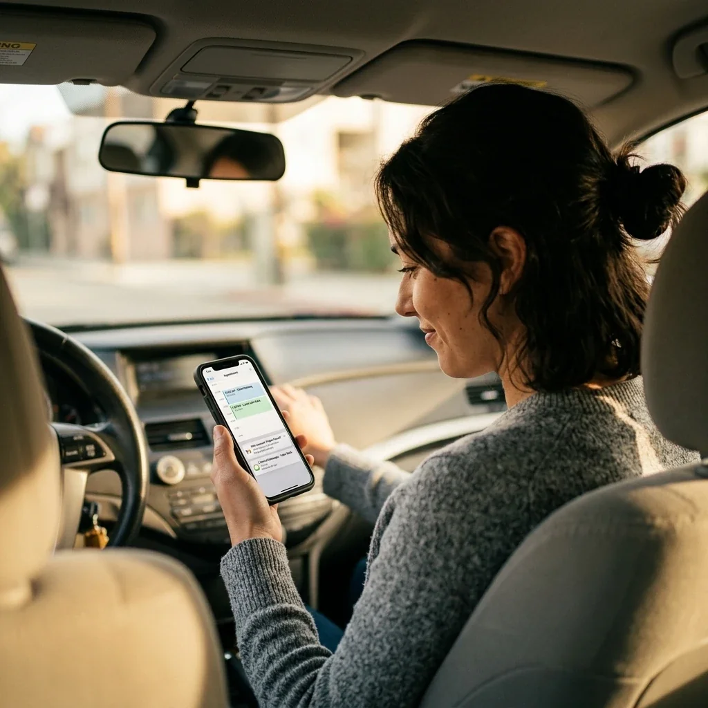 Over-the-shoulder view of someone sitting in a vehicle's driver seat checking a smartphone screen that displays appointment reminders and account notifications, natural daylight coming through the windshield, car interior details visible