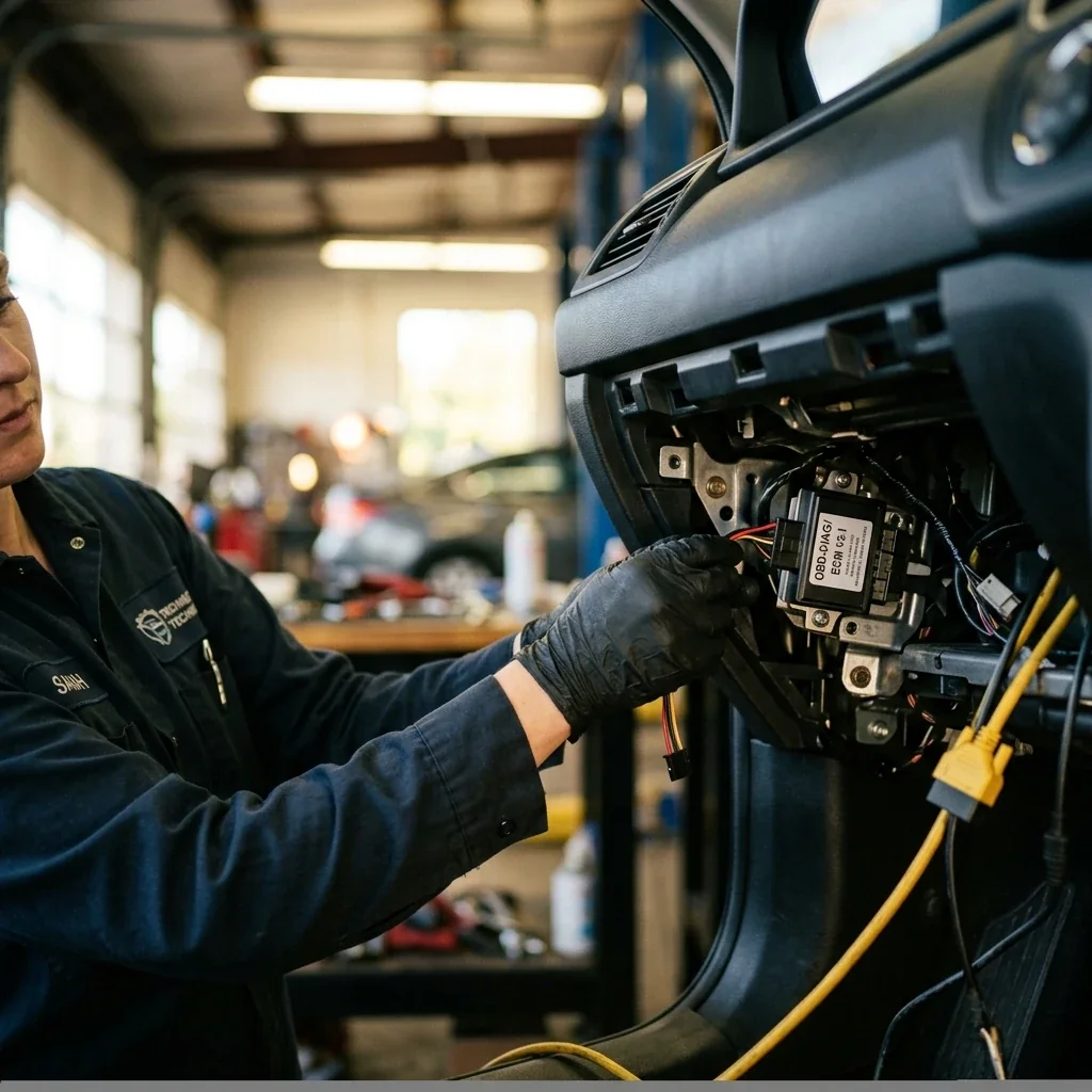 Candid view of a service technician's hands working on a small electronic device mounted beneath a vehicle's dashboard, diagnostic tools and cables visible, overhead garage lighting creating focused work atmosphere