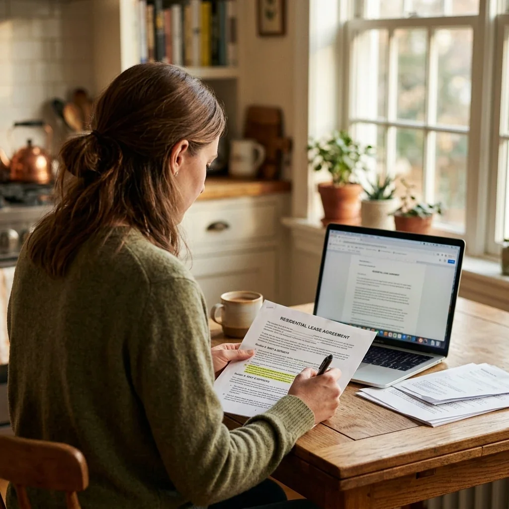 Over-the-shoulder view of a person sitting at a kitchen table reviewing lease paperwork with a laptop open beside them, warm natural light from a nearby window, pen in hand marking a highlighted clause in the document
