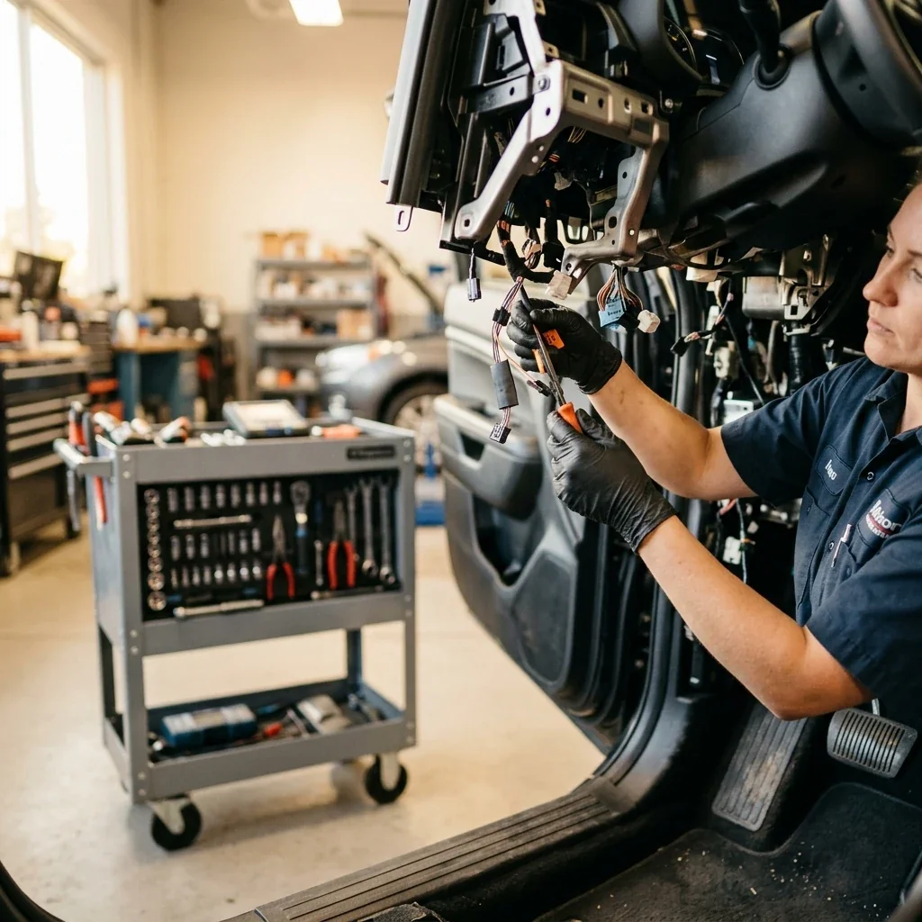 Candid view of a service technician's hands working carefully under a vehicle dashboard, small interlock wiring components visible, clean well-lit auto shop environment with tools neatly organized on a nearby cart