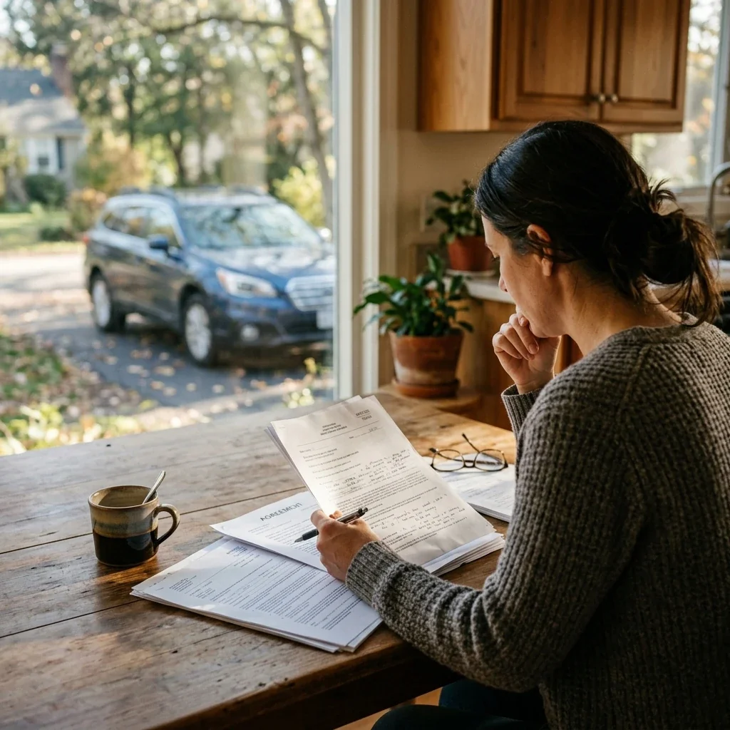 Over-the-shoulder view of a person reviewing official paperwork at a kitchen table, a car visible through the window in the driveway, morning light casting across the documents and a half-full coffee mug nearby