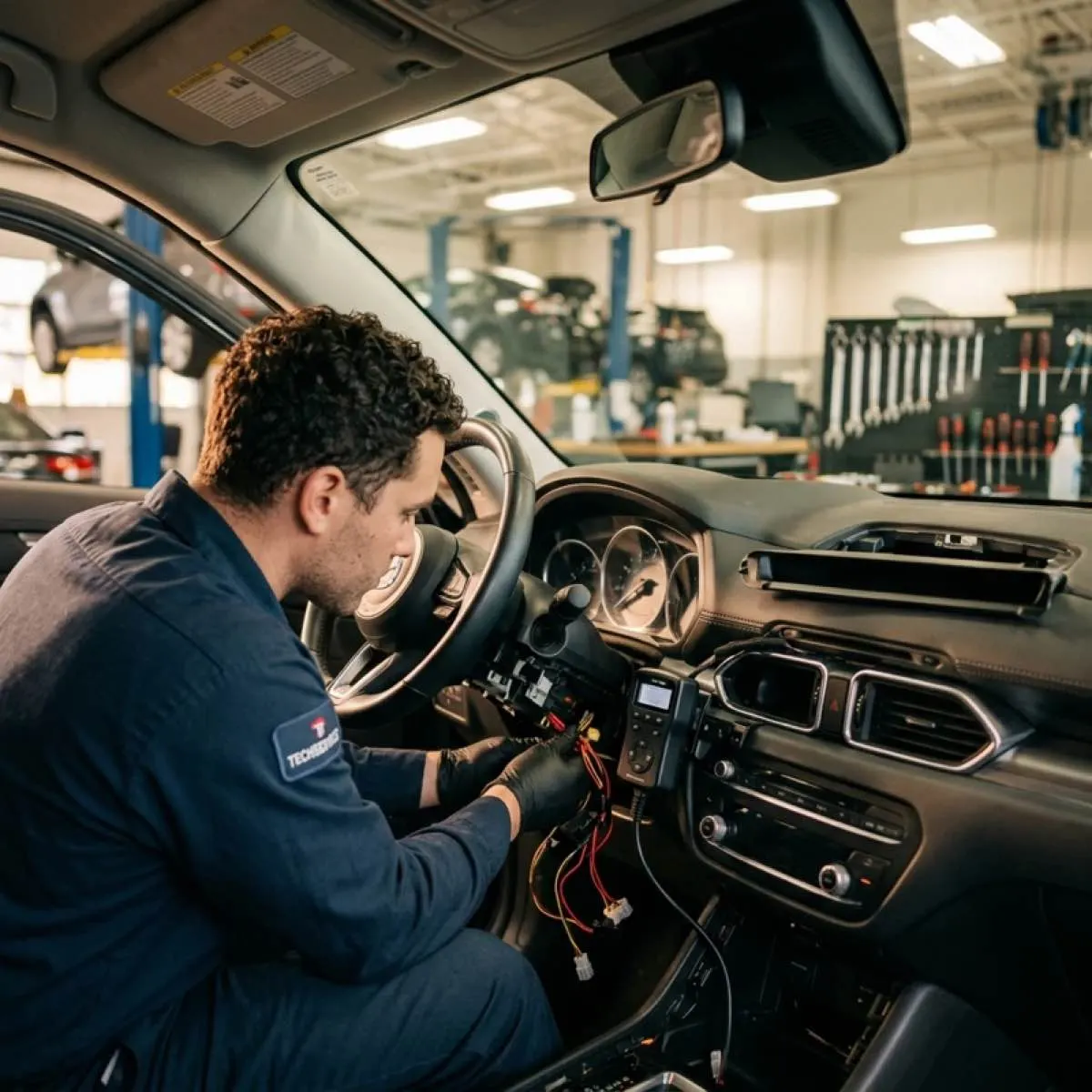 Technician checking dashboard wiring before an ignition interlock installation