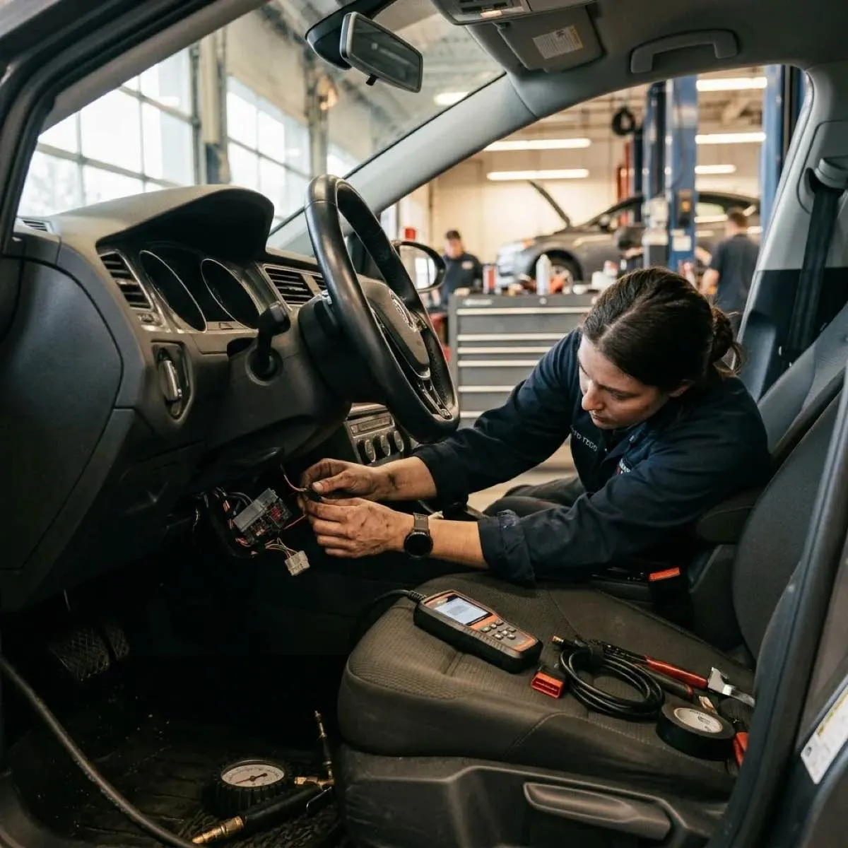 Technician working under a dashboard during ignition interlock removal