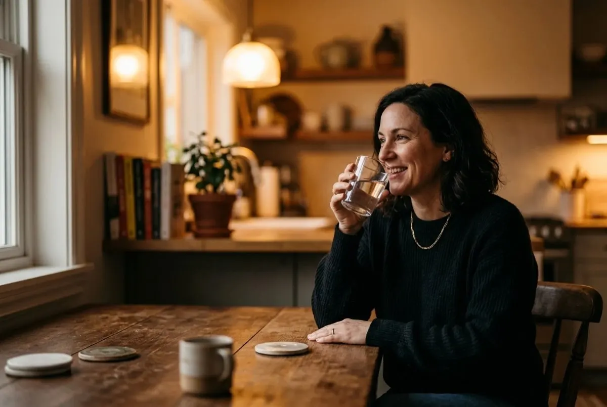 Person drinking a glass of water at a kitchen table while waiting for alcohol to leave the body.
