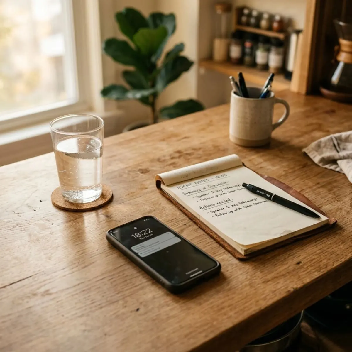 Glass of water on a kitchen table beside a phone and a notepad.