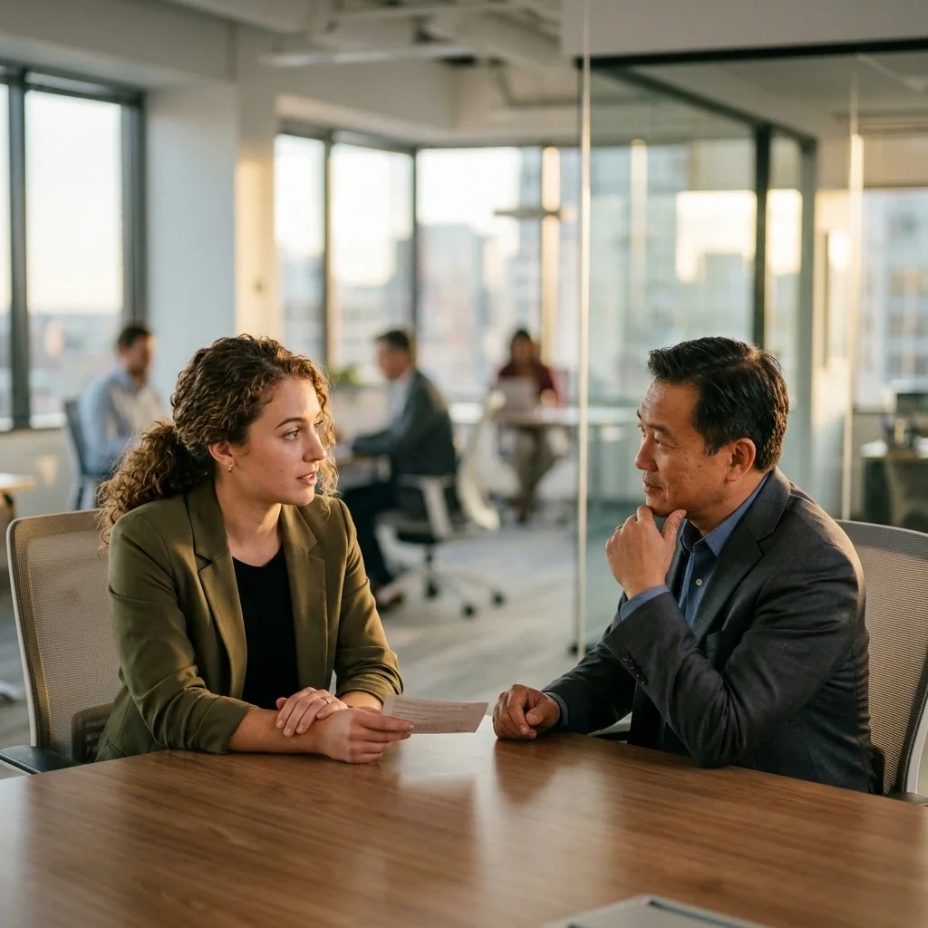 professional adult preparing for a calm workplace conversation about how to tell boss about interlock requirements. Show an office setting, neutral and respectful, no vehicle or device visible.