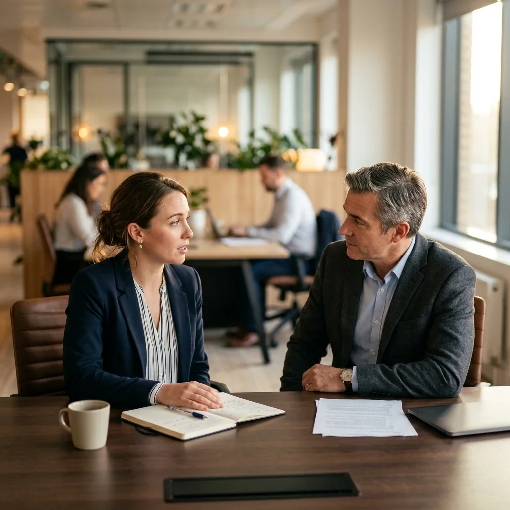 two colleagues having a brief, composed one-on-one meeting in a private office.