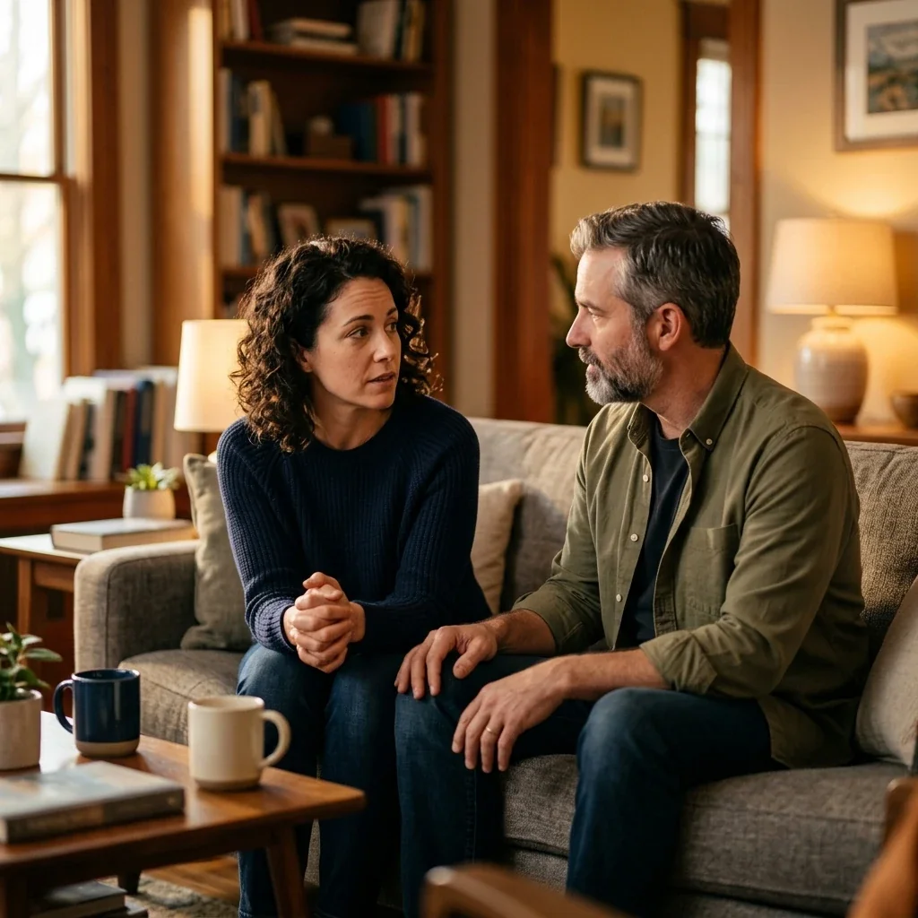 Candid scene of two people sitting together on a living room couch, one leaning forward with hands clasped, the other listening attentively, warm lamp light in the background, coffee mugs on side table, mood conveys serious but safe conversation
