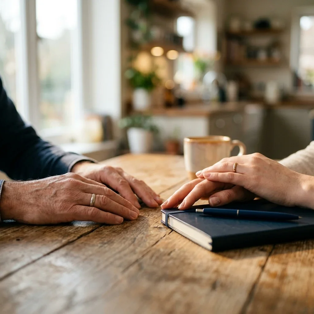 Close-up of two pairs of hands resting on a kitchen table, one person's hand gently placed near the other's but not touching, morning light through window, subtle details like a notebook and pen nearby suggesting preparation for a serious discussion