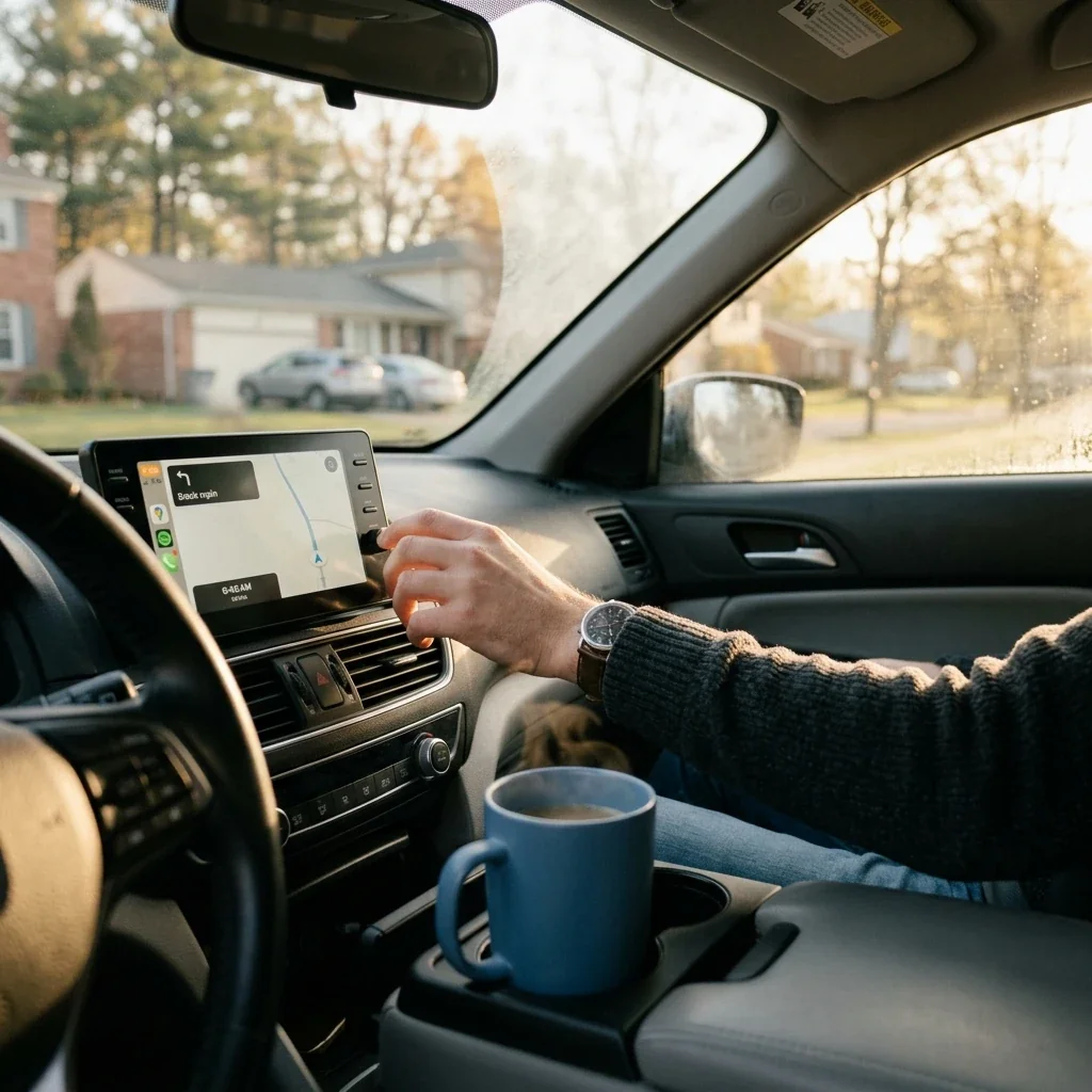 Candid close-up of a driver's hand near a car dashboard-mounted device, early morning light streaming through the windshield, coffee cup in the center console, suburban neighborhood visible through slightly foggy windows