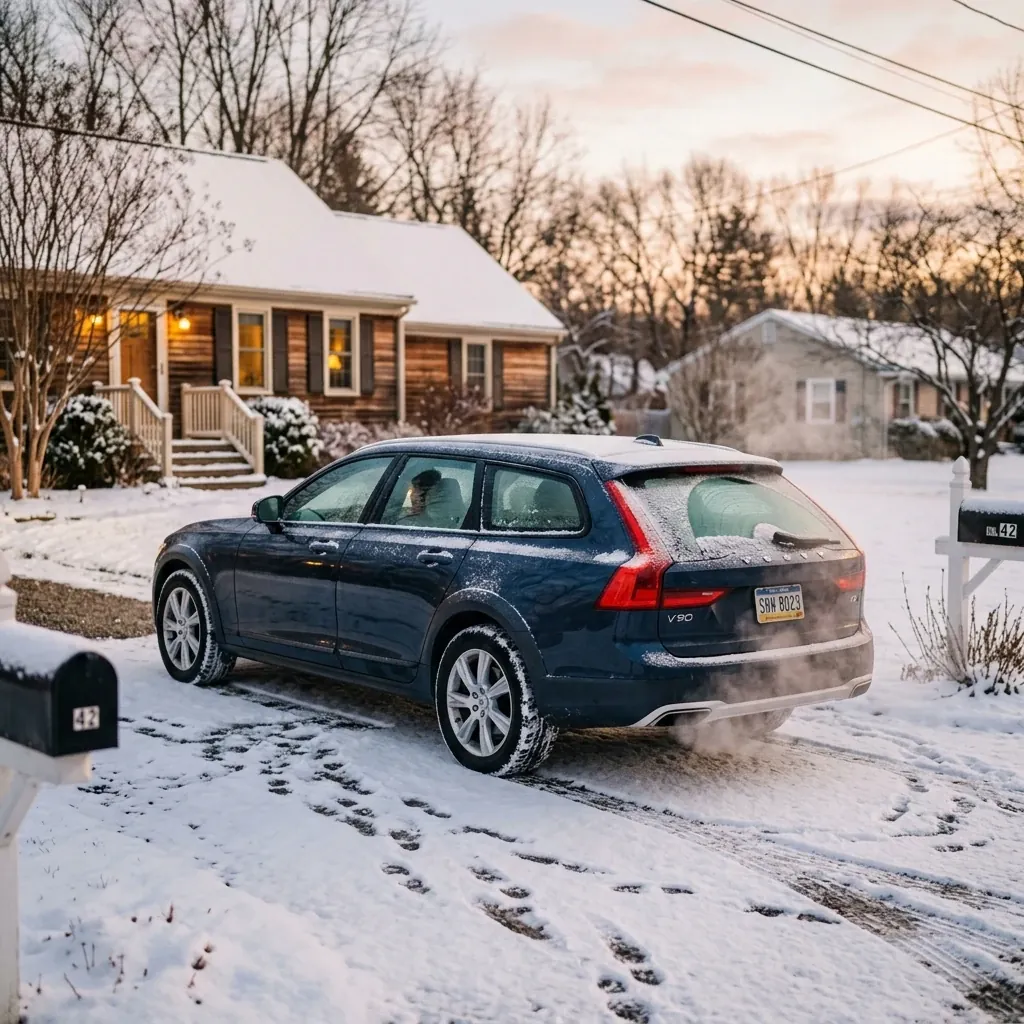 Vehicle parked in a snowy driveway at dawn, frost on the windows beginning to melt, exhaust visible from a recently started engine, suburban winter scene with bare trees and footprints in fresh snow