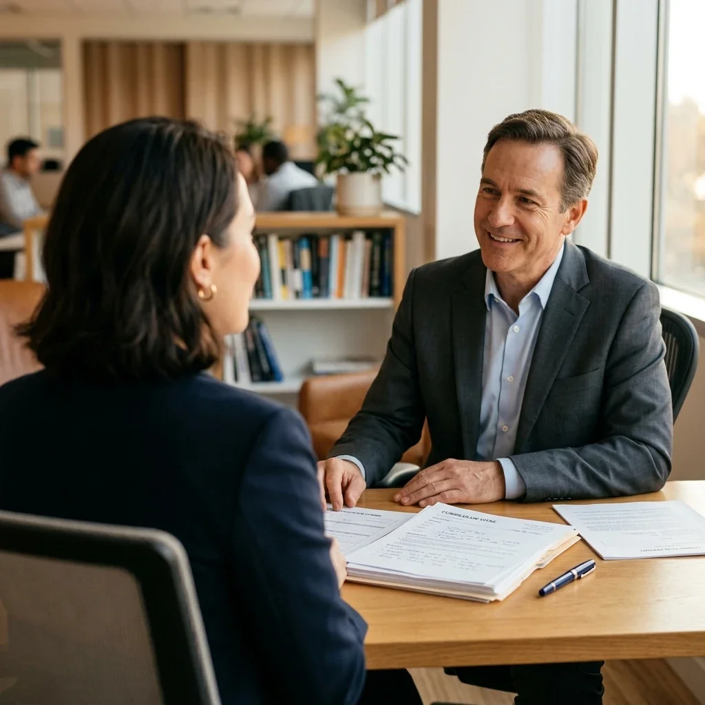 Over-the-shoulder view of a person sitting across a desk from an evaluator in a calm, neutral office setting, paperwork and a pen visible on the desk, soft natural light from a window, conveying a professional but approachable atmosphere