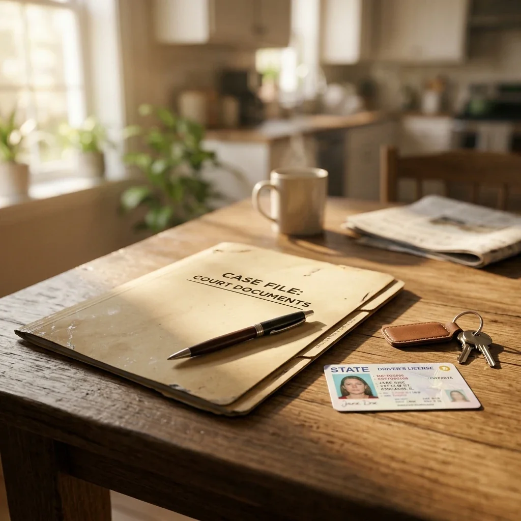 Close-up of a folder with court documents, a pen, and a government-issued ID laid out on a kitchen table, morning light streaming across the surface, suggesting someone methodically preparing paperwork before leaving for an appointment