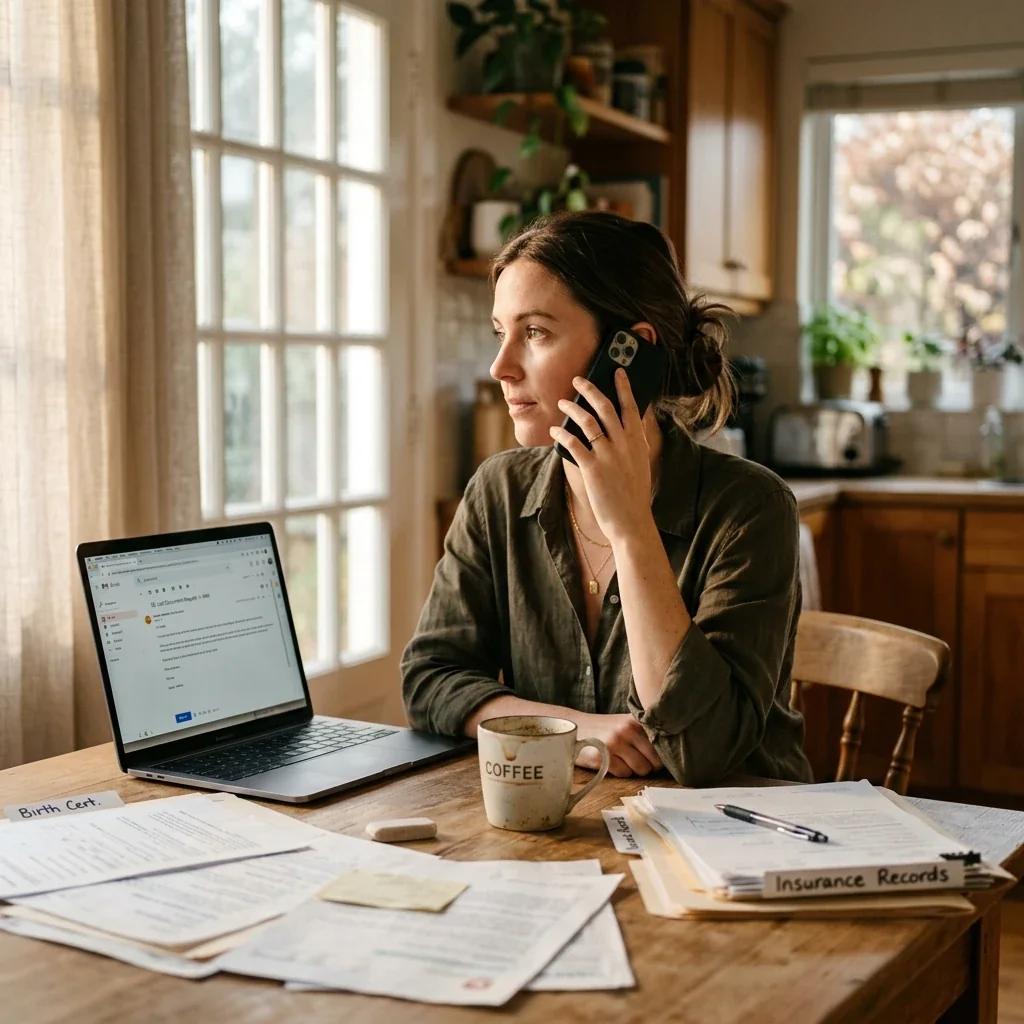 Candid shot of a person sitting at a kitchen table with scattered paperwork, phone in hand, laptop open to an email draft, morning light coming through a window, coffee mug nearby — the scene of someone organizing and making calls to recover documents